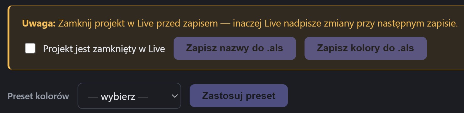 Panel zapisu nazw i kolorów oraz wybór presetu kolorów